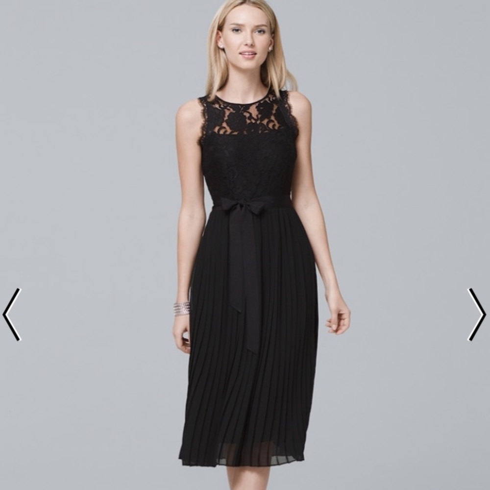 LACE-BODICE BLACK PLEATED FIT-AND-FLARE DRESS